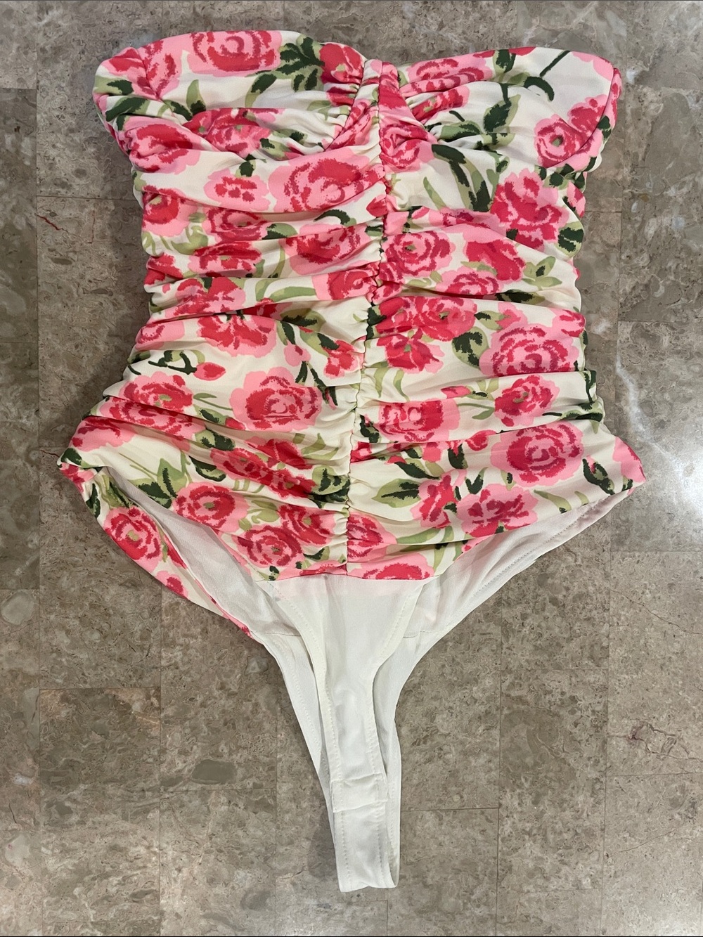 Barbiecore Zara Pink and White Floral Ruched Bodysuit w/ zipper on back S